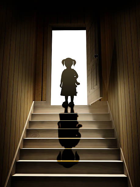 Little girl on steps leading from a dark basement to open the door. 3d render