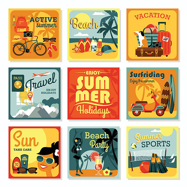 ilustraciones, imágenes clip art, dibujos animados e iconos de stock de vector tarjetas de diseño plano moderno de vacaciones de verano. - surfing surfboard summer heat