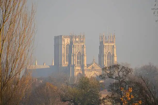 York minster in the golden evening sunlight, viewed from Leeman Park Levée to the North-West of the city, framed by skeletal late-autumn trees.