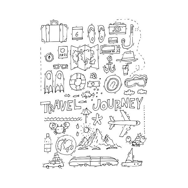 세계 여행. 손으로 그린. 여름 방학 을 계획. - camera currency passport tourist stock illustrations