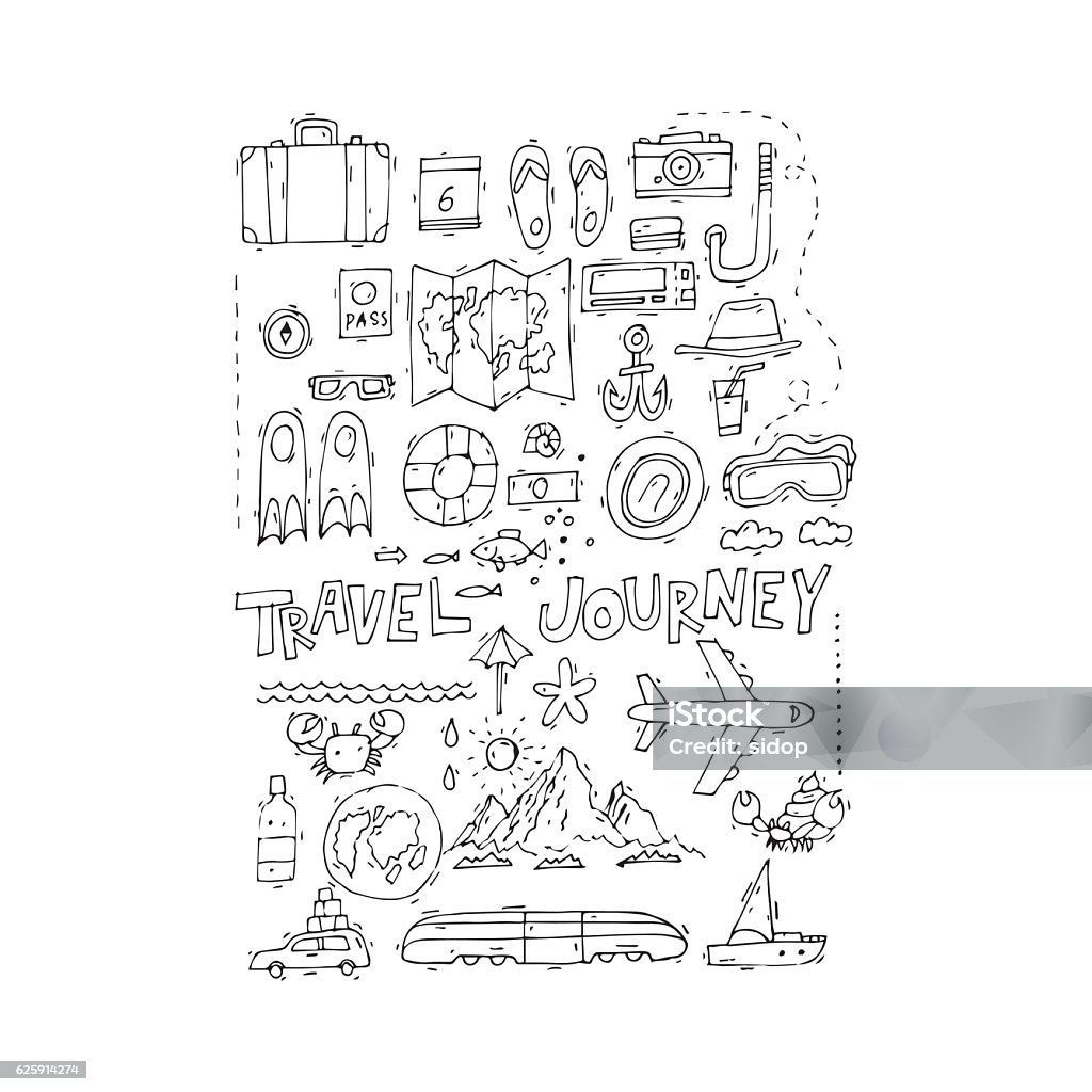 World Travel. Hand drawn. Planning summer vacations. World Travel. Hand drawn. Planning summer vacations. Summer holiday, journey, traveling set of icons. Tourism and vacation theme. Flat design vector illustration. Doodle stock vector