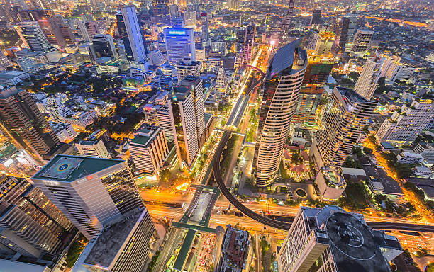 istock Aerial view City building night lights with intersection road 625914296