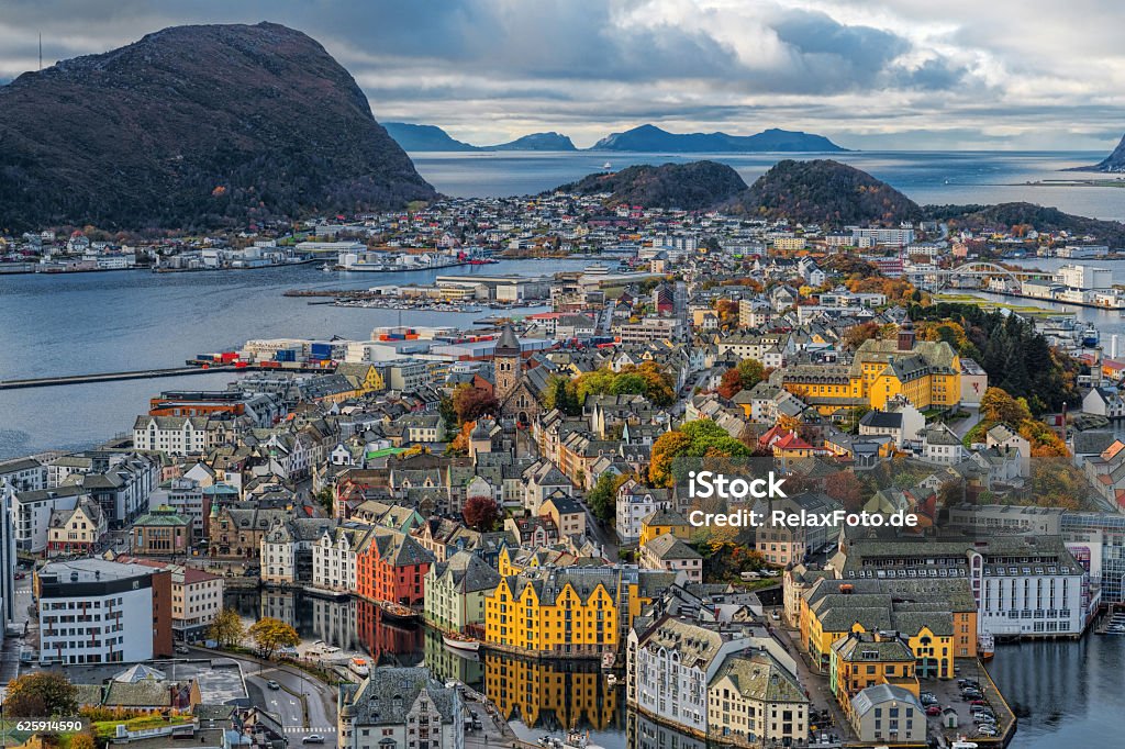 View from aksla hill on Alesund, Norway, at dusk View from aksla hill on Alesund, Norway, at dusk. Alesund Stock Photo