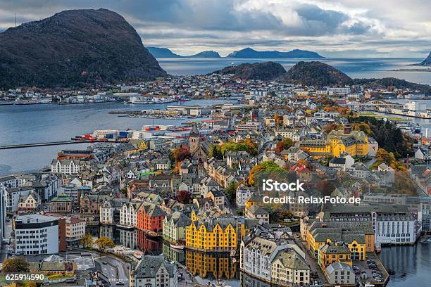 View From Aksla Hill On Alesund Norway At Dusk Stock Photo - Download Image Now - Alesund, Norway, Mountain