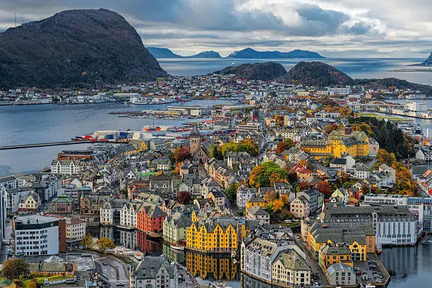View from aksla hill on Alesund, Norway, at dusk.
