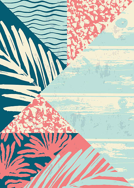 Abstract summer composition with hand drawn vintage texture and geometric Abstract summer composition with hand drawn vintage texture and geometric elements. Vector template for poster, cover, card design and other users. drawing of the hawaii islands stock illustrations