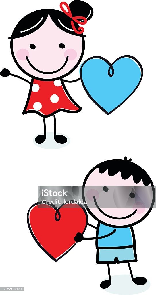 New! Cute doodle characters : Blue boy and Red girl Illustration of happy Kids with Hearts. Vector ( children, illustration, school ) Boys stock vector
