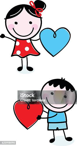 New Cute Doodle Characters Blue Boy And Red Girl Stock Illustration - Download Image Now