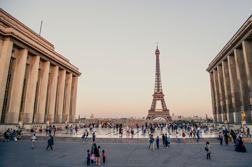 Champs de Mars park and Montparnasse tower seen from the second floor of the Eiffel Tower in Paris, France