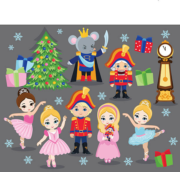 Set cartoon christmas characters for fairy tale Nutcracker. Vector illustration isolated on white background. baby mice stock illustrations
