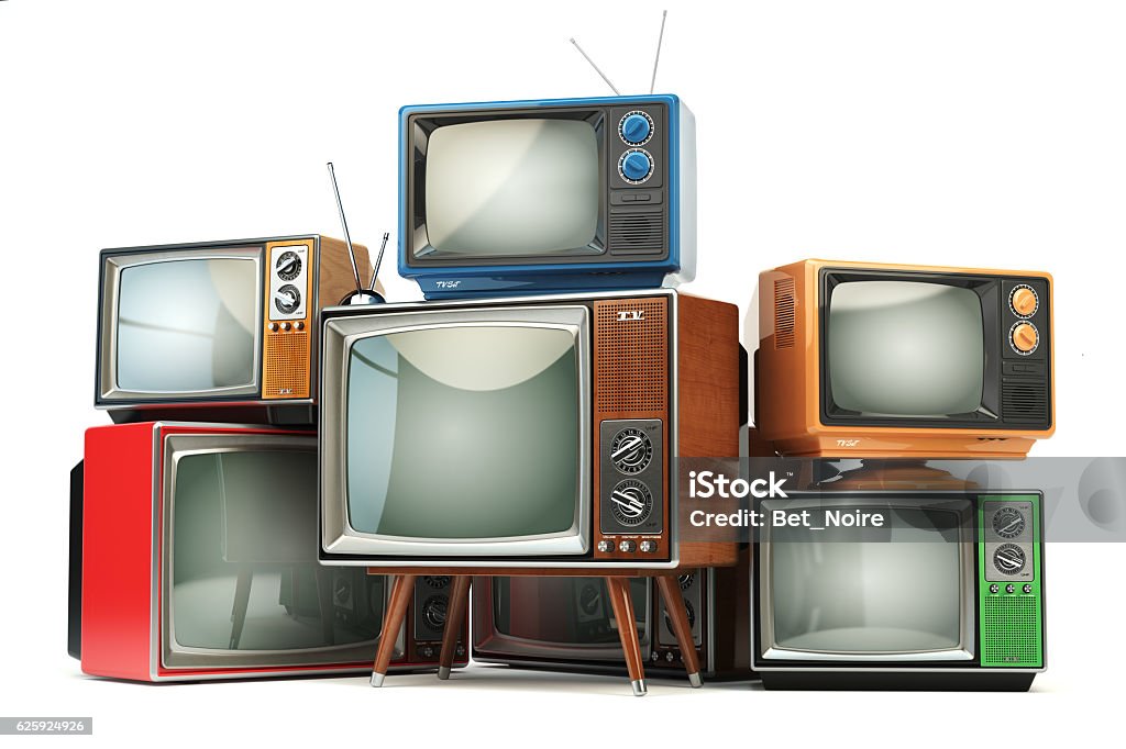 Heap of retro TV sets isolated on white background. Communicatio Heap of retro TV sets isolated on white background. Communication, media and television concept. 3d illustration Television Set Stock Photo
