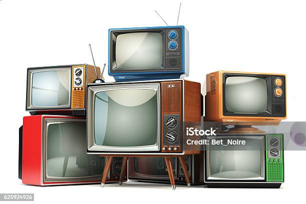 Heap Of Retro Tv Sets Isolated On White Background Communicatio Stock Photo - Download Image Now
