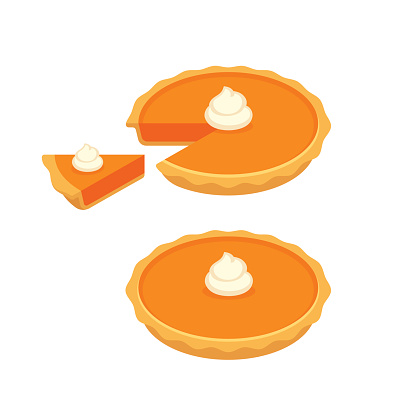 Pumpkin or sweet potato pie, whole and slice. Traditional American Thanksgiving dessert. Vector illustration.