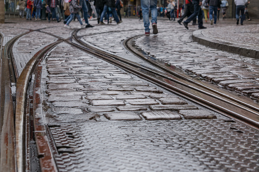 Cobblestones with tram tracks