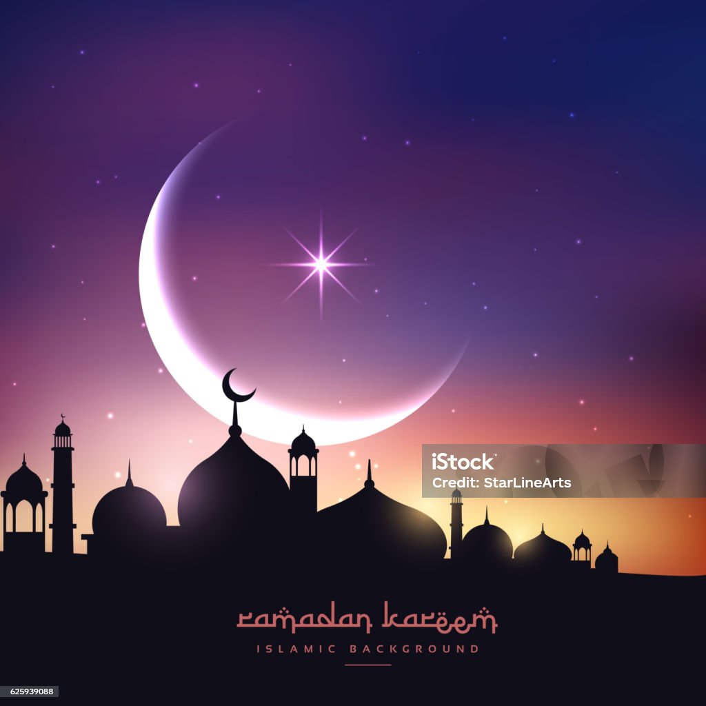 mosque silhouette in night sky with crescent moon and star Allah stock vector