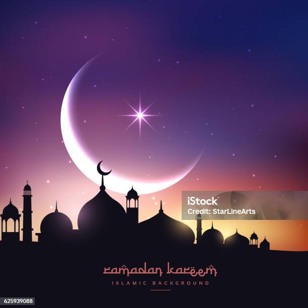 Mosque Silhouette In Night Sky With Crescent Moon And Star Stock Illustration - Download Image Now