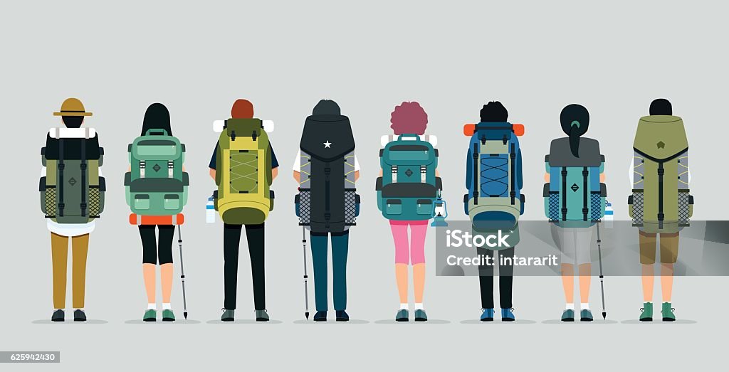 Hiking bag Man and woman hiking bag with gray background. Hiking stock vector