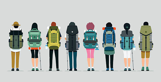 Hiking bag Man and woman hiking bag with gray background. backpack illustrations stock illustrations