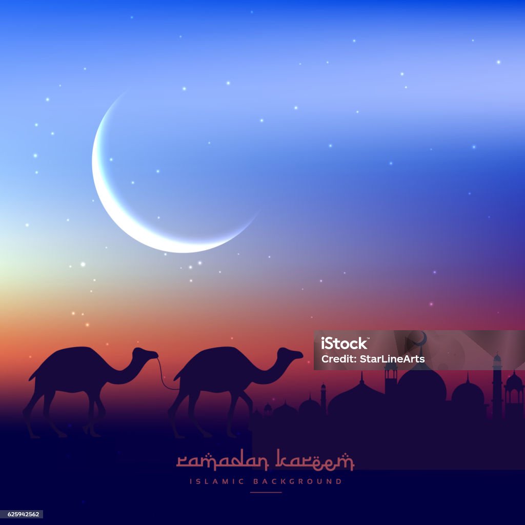 camels walking in evening with mosque Allah stock vector