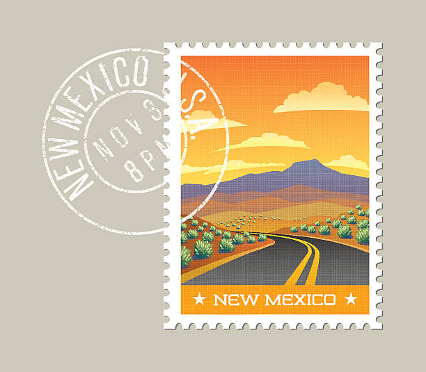 Highway through scenic desert landscape. New Mexico, United States New Mexico postage stamp design. Vector illustration of highway through arid landscape. Grunge postmark on separate layer new mexico landscape stock illustrations