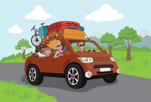 illustrazioni stock, clip art, cartoni animati e icone di tendenza di illustrazione vettoriale - famiglia felice che viaggia in auto - dog car
