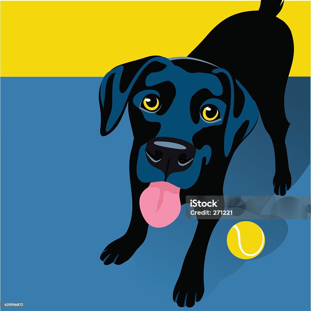 Illustration of playful Black Labrador Retriever with tennis ball Illustration of a happy playful Black Labrador Retriever. Space for text. For posters, cards, banners. Dog stock vector
