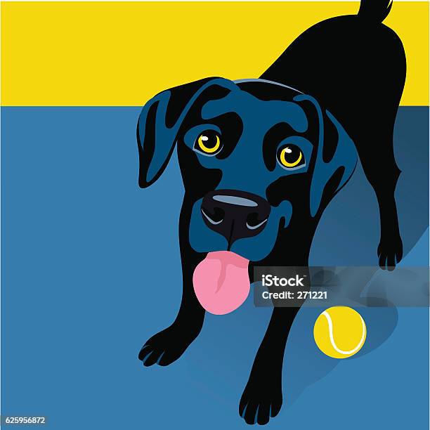 Illustration Of Playful Black Labrador Retriever With Tennis Ball Stock Illustration - Download Image Now