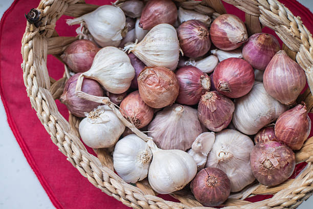 istock Fresh shallots and garlics in the basket 625958188