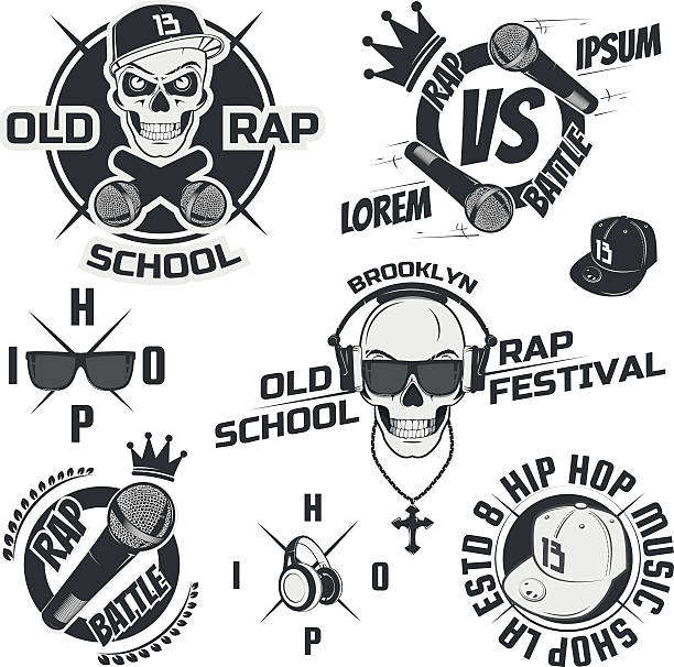 zestaw zabytkowych emblematów rapowych, etykiet i elementów projektowych. - gangsta rap stock illustrations