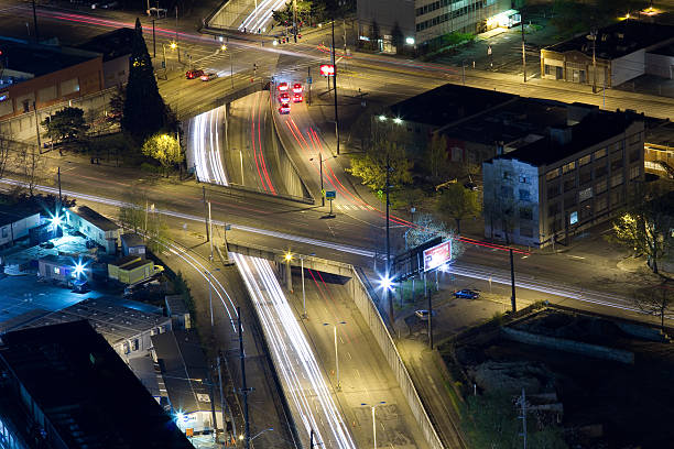 istock Light trails on freeways in Seattle, Washington, US 625969422