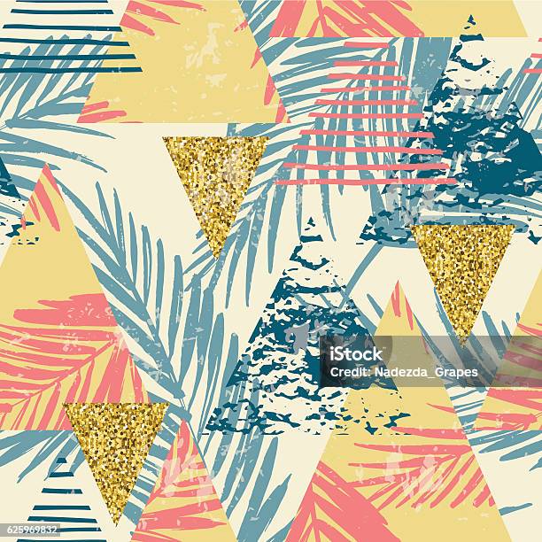 Exotic Pattern Triangular Seamless Exotic Pattern With Palm Leaves On Geometric Background Stock ...