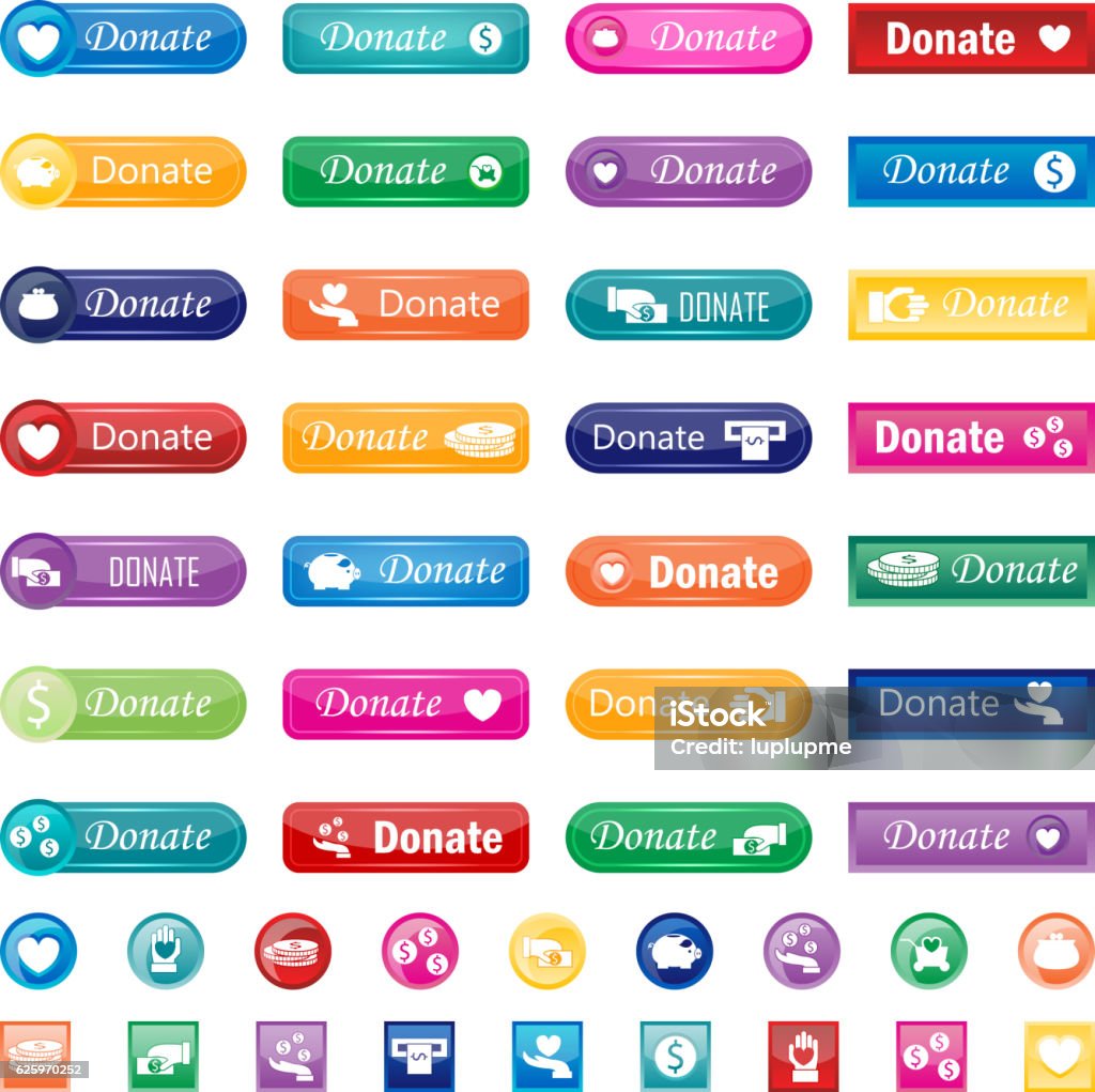 Donate buttons vector set. Vector donate concept hand and money set of buttons in flat style. Donation gift charity, isolated web donate buttons design sign contribute. Money giving symbol donate buttons set. Push Button stock vector