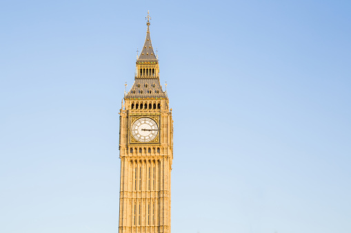 Clock tower Big Ben on the blue sky background in London United Kingdom.