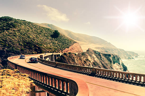 Bixby Creek Bridge on Highway #1 on US West Coast Bixby Creek Bridge on Highway #1 at the US West Coast traveling south to Los Angeles, Big Sur Area city of monterey california stock pictures, royalty-free photos & images