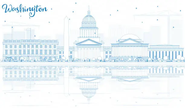 Vector illustration of Outline Washington DC Skyline with Blue Buildings and Reflection