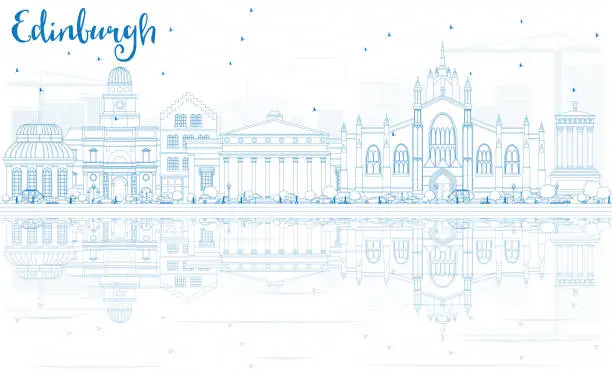 Vector illustration of Outline Edinburgh Skyline with Blue Buildings and Reflections.