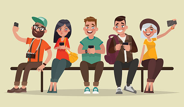 People and gadgets. Group of students sitting on a bench People and gadgets. Group of students sitting on a bench enjoying mobile devices. Vector illustration in cartoon style melting girl stock illustrations