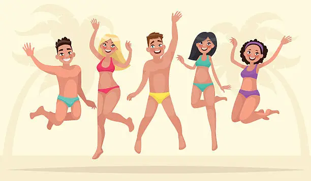 Vector illustration of Summer holidays. Happy group of young people are jumping