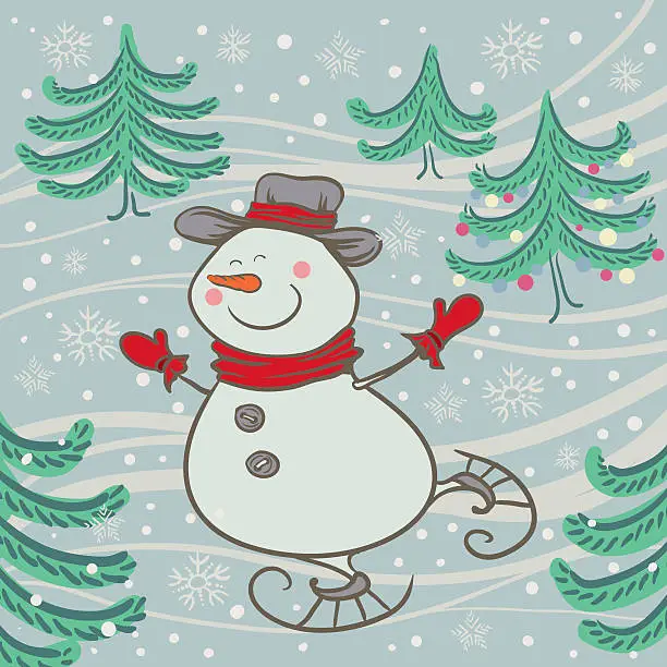 Vector illustration of cheerful snowman skates