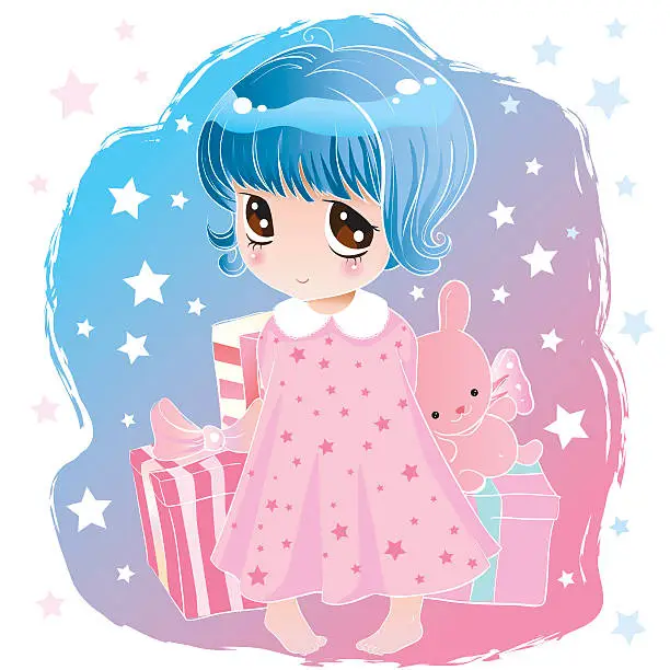 Vector illustration of little cute girl with big eyes