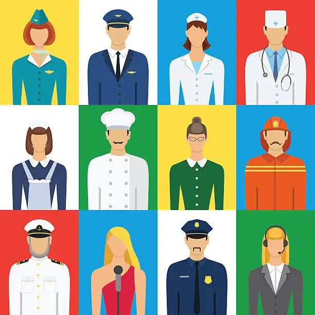 Vector illustration of Set of colorful profession people flat style icons vector illust