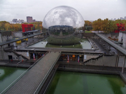 Paris, France - November 6, 2010: view of the City of Science and Industry, one of the largest science museums in the world, centered on the great Geode which houses the Cinema with a hemispherical screen 360 degrees