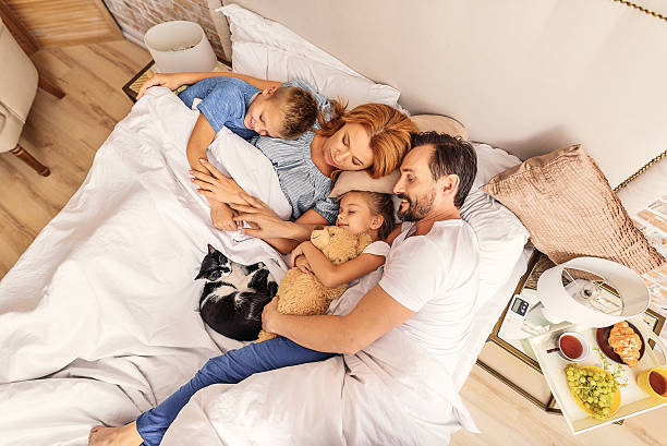 両親と一緒に寝ている子供たち - four animals ストックフォトと画像