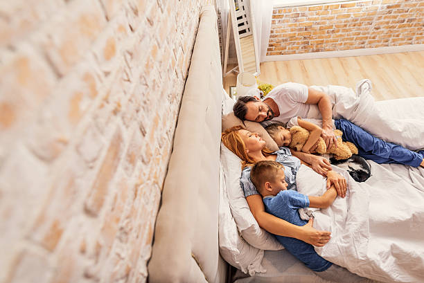 Kids sleeping with cat and parents Our friendly family. Top view of mother, father and their children taking nap in bed in morning with cat beside them man with teddy bear stock pictures, royalty-free photos & images