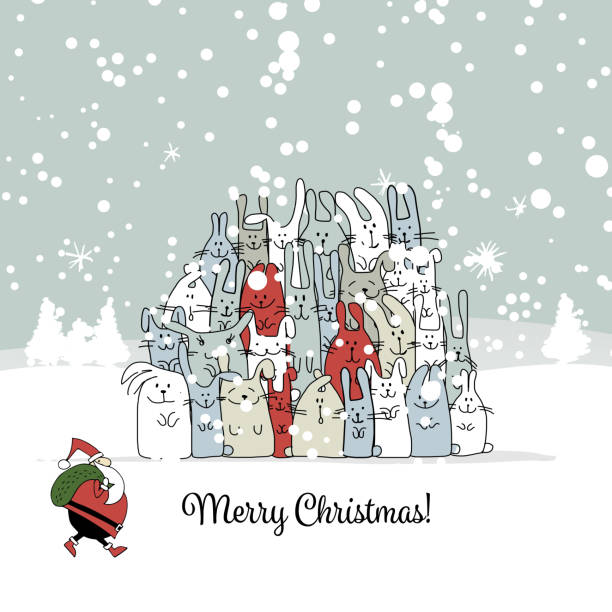 kartka świąteczna z rodziną mikołaja i królika - christmas tree family winter art stock illustrations