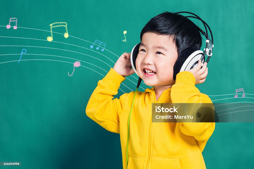 Boy Listening to Music Headphones Child, Music, Listening, Headphones,Wallpaper Child Stock Photo