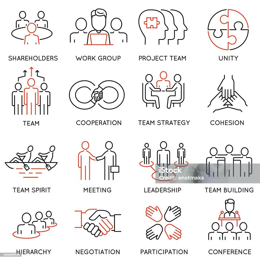 Business process, team work and human resource management icons Vector set of linear icons related to business process, team work and human resource management. Mono line pictograms and infographics design elements Icon Symbol stock vector