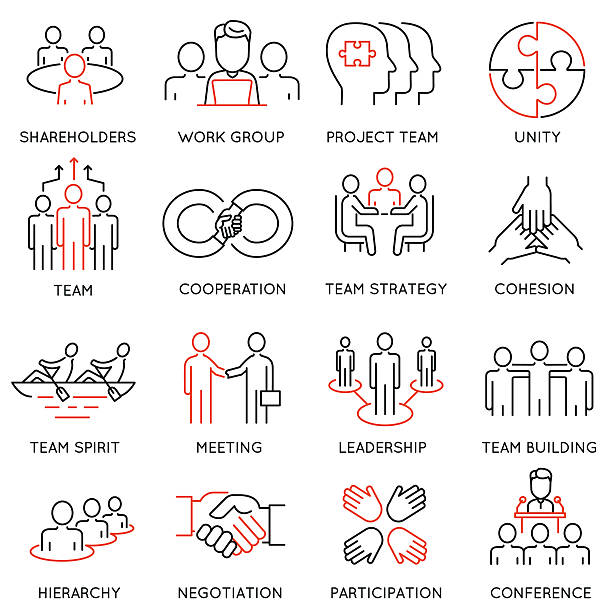 Business process, team work and human resource management icons Vector set of linear icons related to business process, team work and human resource management. Mono line pictograms and infographics design elements team harmony stock illustrations