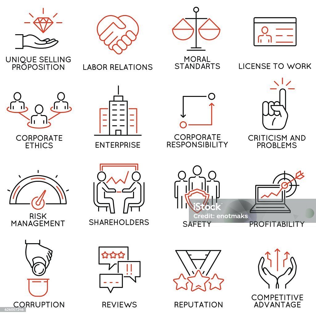 Business ethics, management, strategy and development icons - part 1 Vector set of 16 icons related to business ethics, management, strategy and development. Mono line pictograms and infographics design elements - part 1 Icon Symbol stock vector