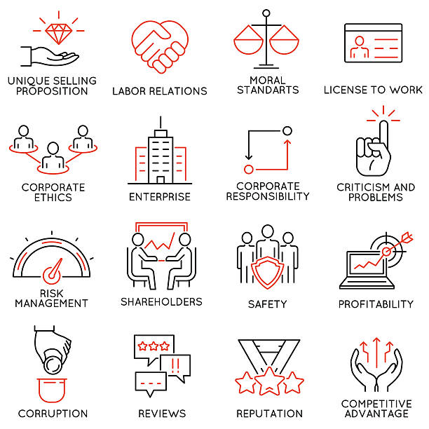 Business ethics, management, strategy and development icons - part 1 Vector set of 16 icons related to business ethics, management, strategy and development. Mono line pictograms and infographics design elements - part 1 in pride we trust stock illustrations